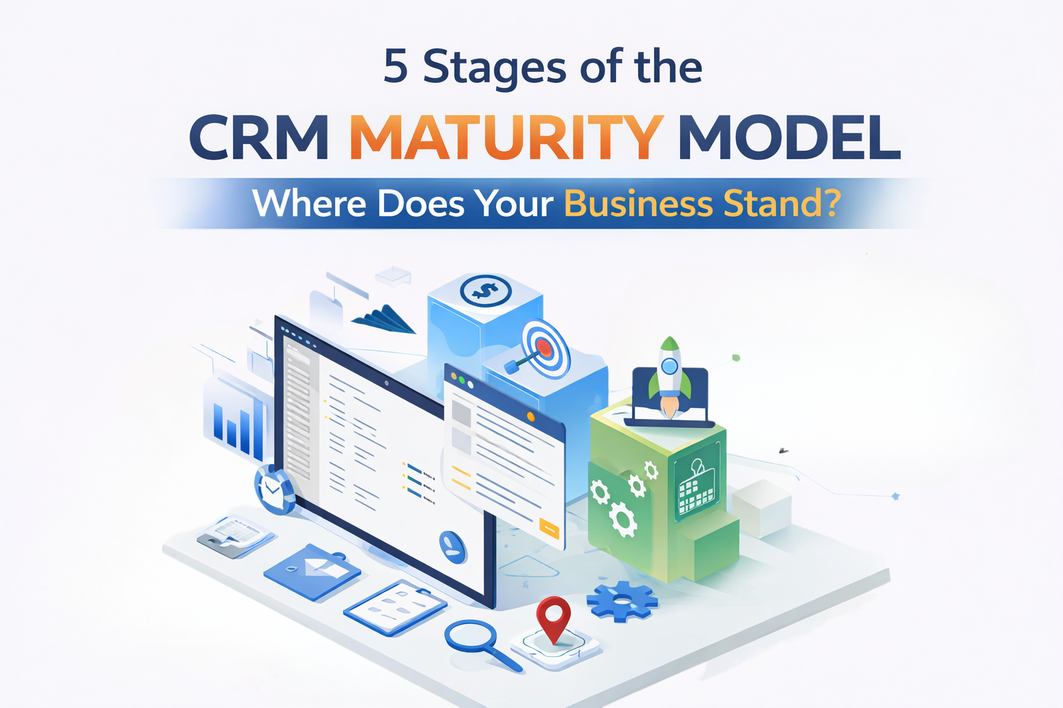 A modern infographic showcasing the 5 stages of the CRM Maturity Model, from Initial (Basic Integration) to Optimized (Personalized Customer Experience), illustrating the evolution of CRM systems from basic to data-driven and AI-powered tools.