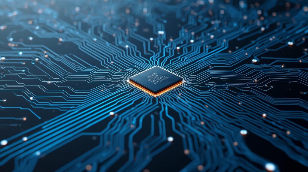 Close-up of a computer chip on a circuit board representing AI and Machine Learning development in business technology solutions