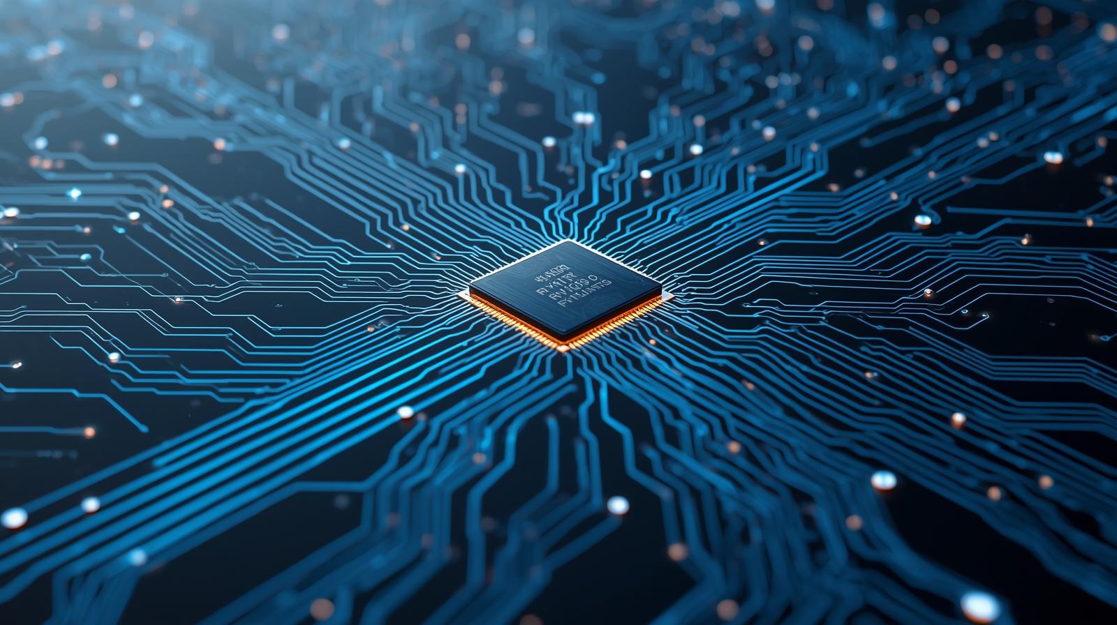 Close-up of a computer chip on a circuit board representing AI and Machine Learning development in business technology solutions
