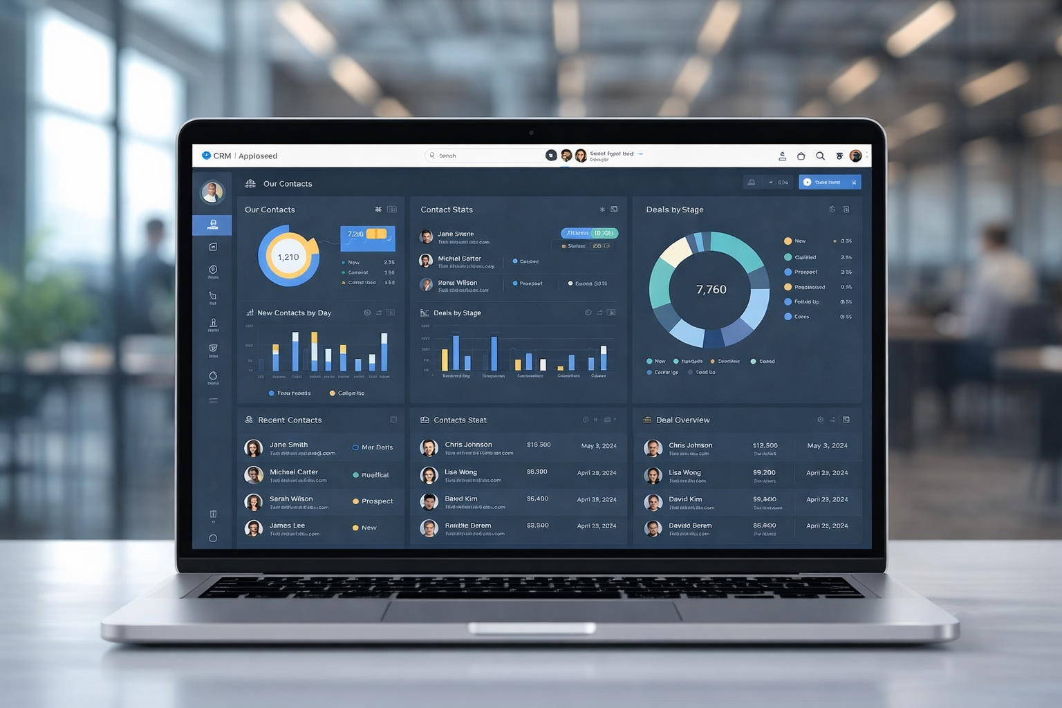 sleek laptop displaying a CRM software dashboard for nonprofit organizations. The screen shows various charts, donor statistics, and campaign performance insights