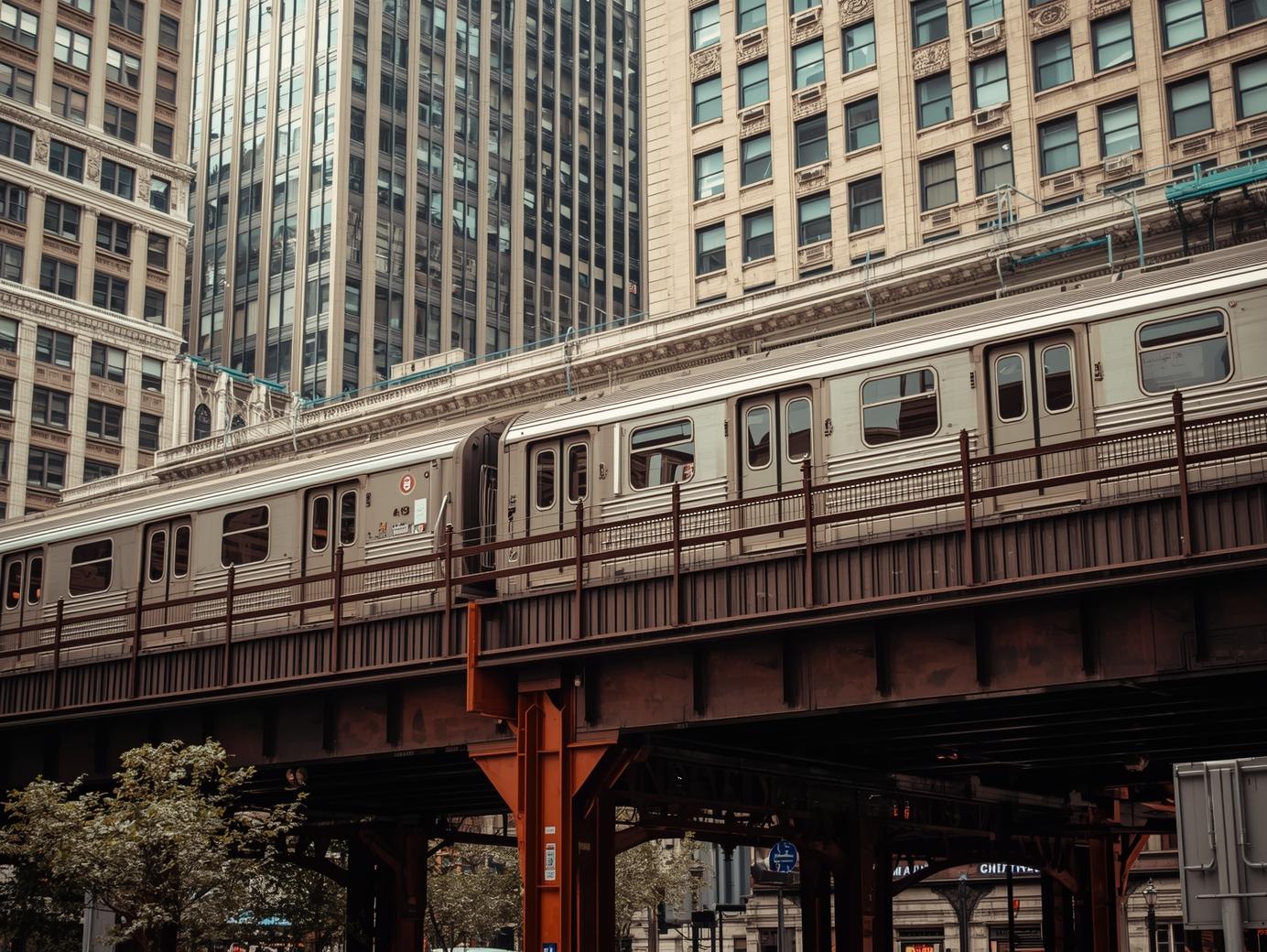 Chicago 'L' Train on Elevated Track in Downtown Chicago