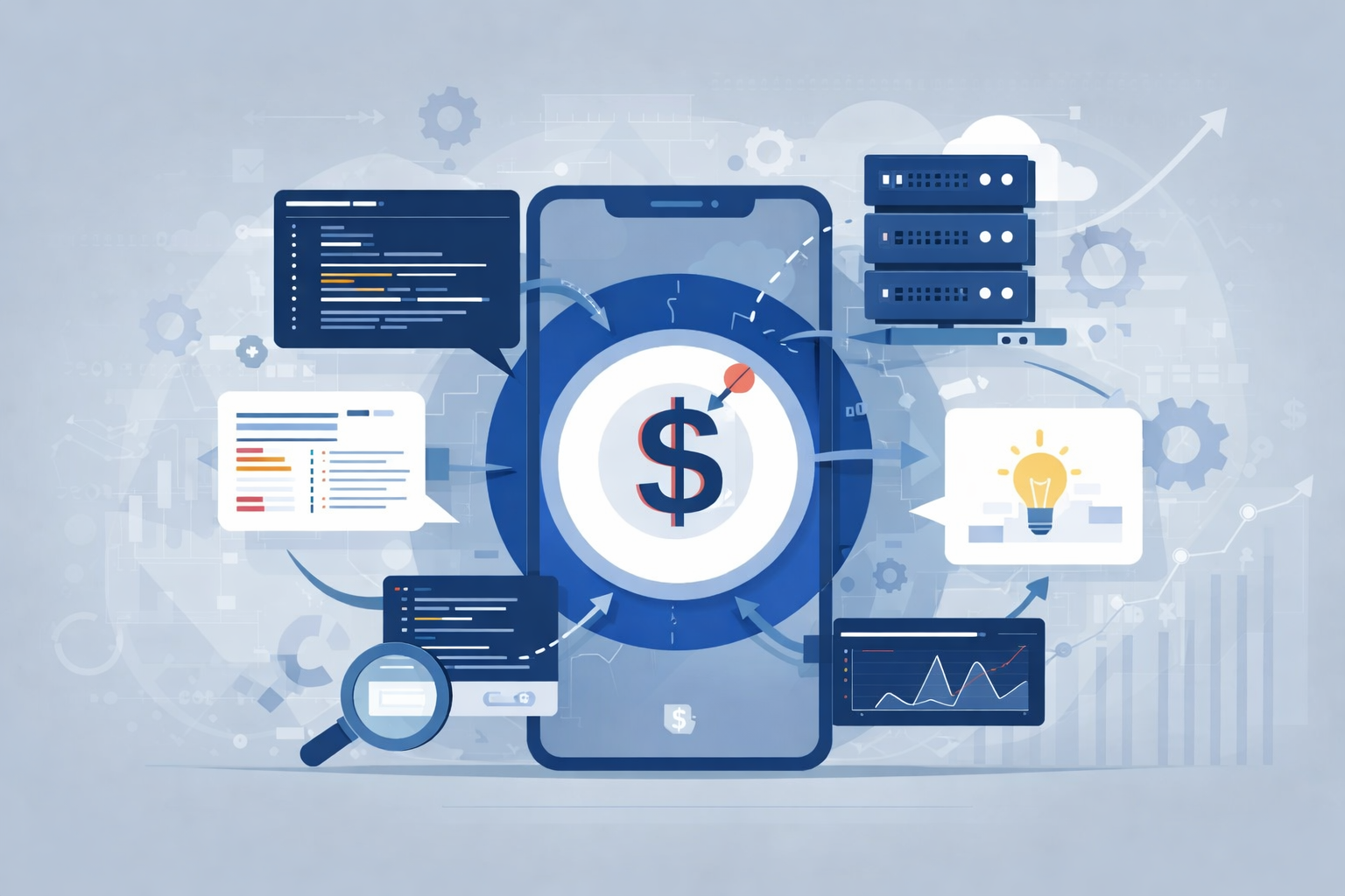 Conceptual illustration showing ongoing mobile app maintenance costs including code updates, server hosting, feature enhancements, and performance analytics.