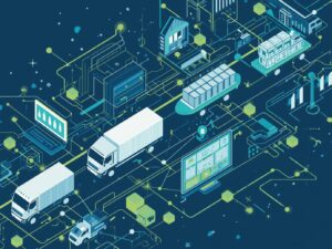 Digital Supply Chain Management and Logistics Automation System Digital supply chain management software illustration showing logistics trucks, warehouse operations, inventory tracking dashboard, and real-time data network connections
