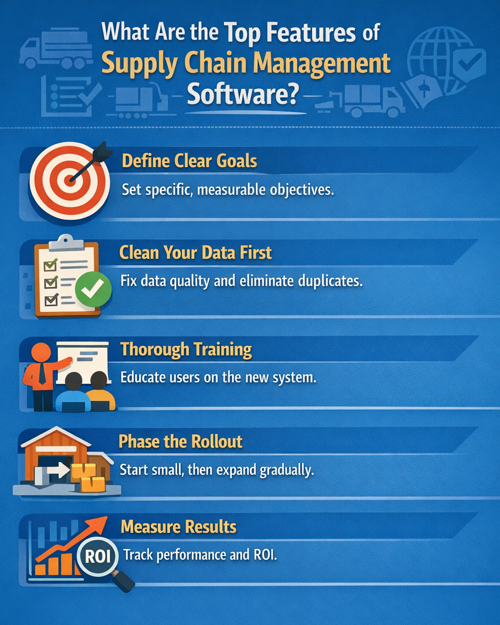Infographic showing the top features of supply chain management software including goal setting, data cleansing, training, phased rollout, and performance tracking