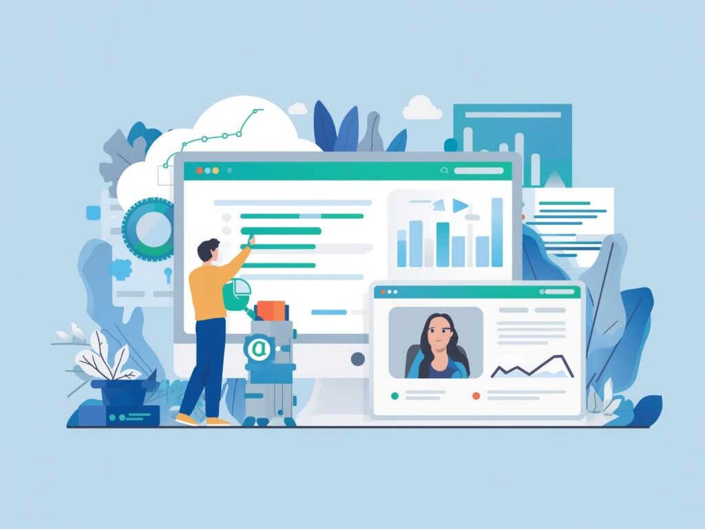 Illustration of custom software development process with developer analyzing data dashboard, charts, and web interface on computer screen