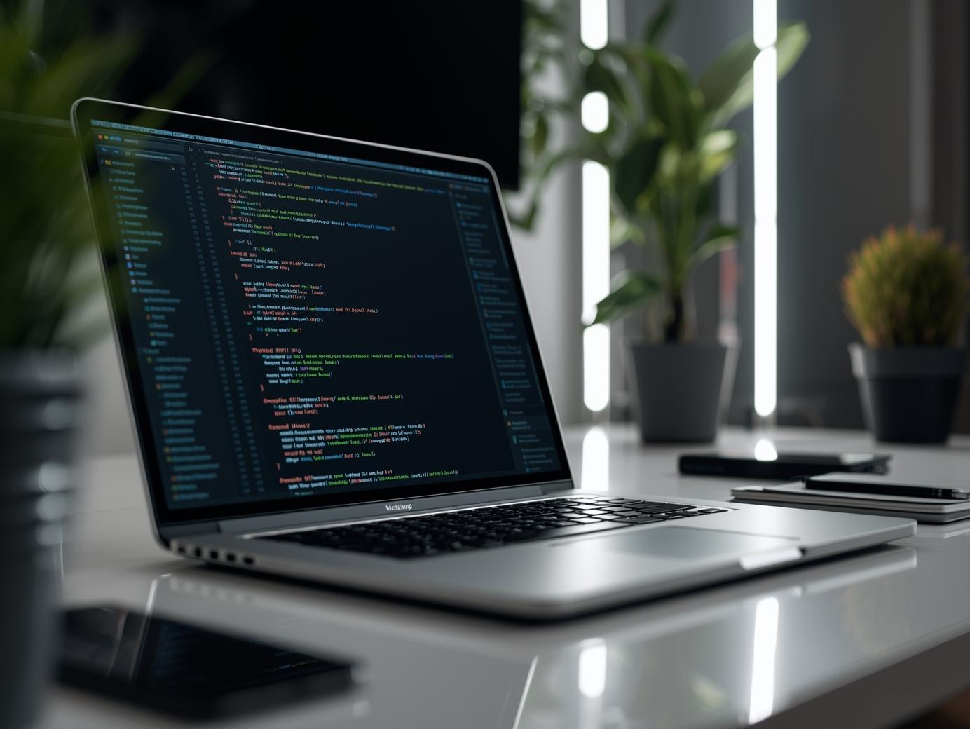 Custom web development code displayed on laptop screen in modern workspace environment
