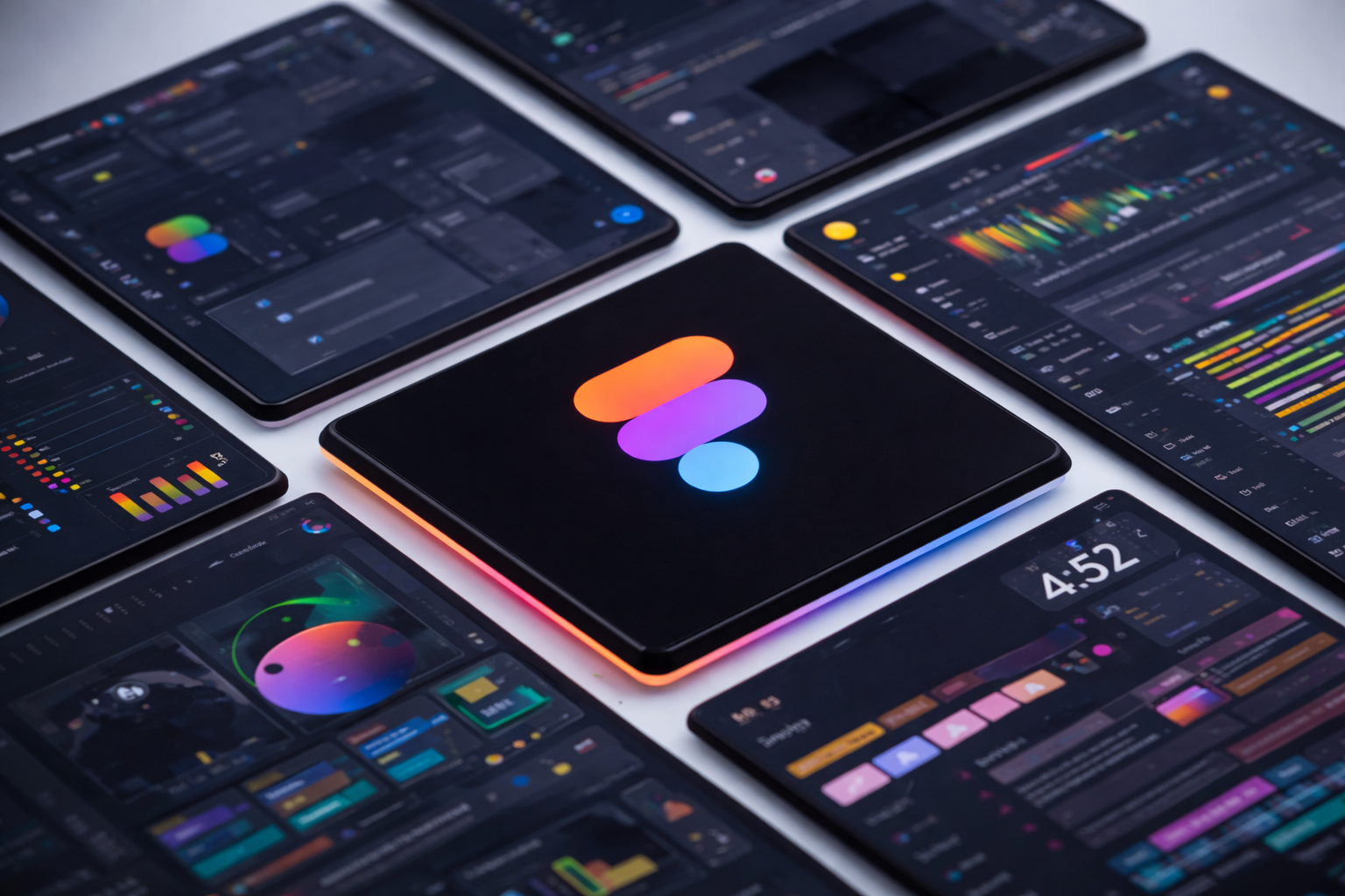 High-quality close-up of Figma UI/UX design interface on tablets, showcasing digital workflows, colorful charts, and design elements with the Figma logo