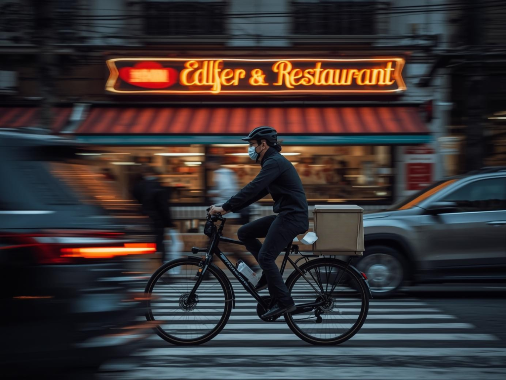 food delivery bicycle courier passing urban restaurant