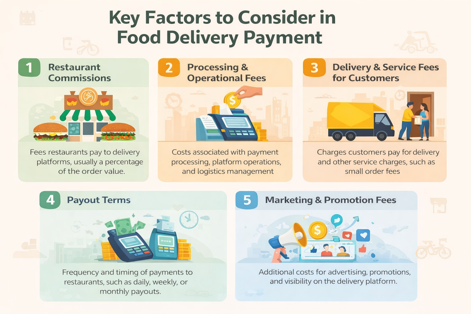 Infographic highlighting key factors in food delivery payment comparison: restaurant commissions, processing fees, delivery charges, payout terms, and marketing costs for restaurants and customers