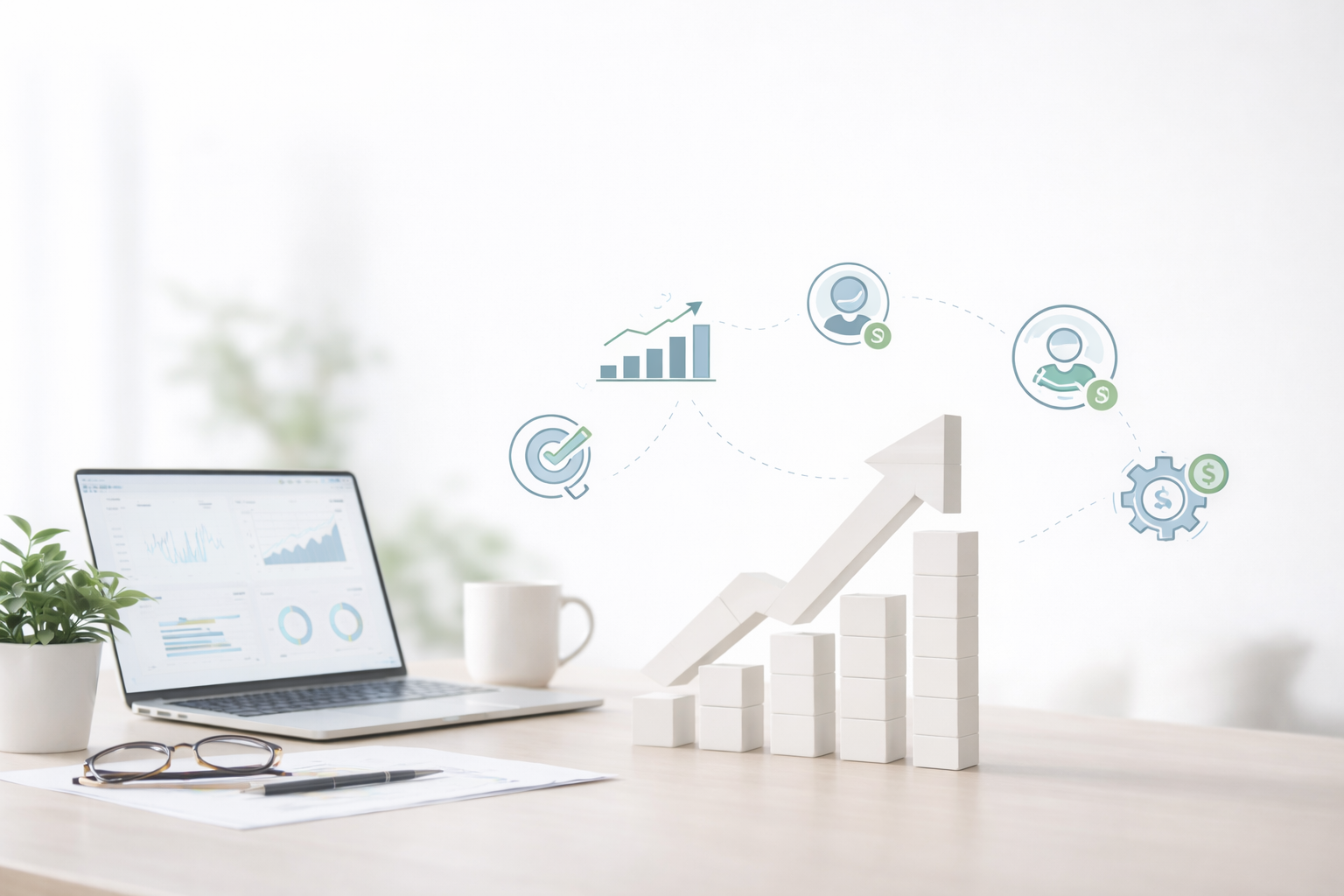 Laptop showing analytics dashboard next to a rising growth chart and business finance icons representing productivity and reporting improvements