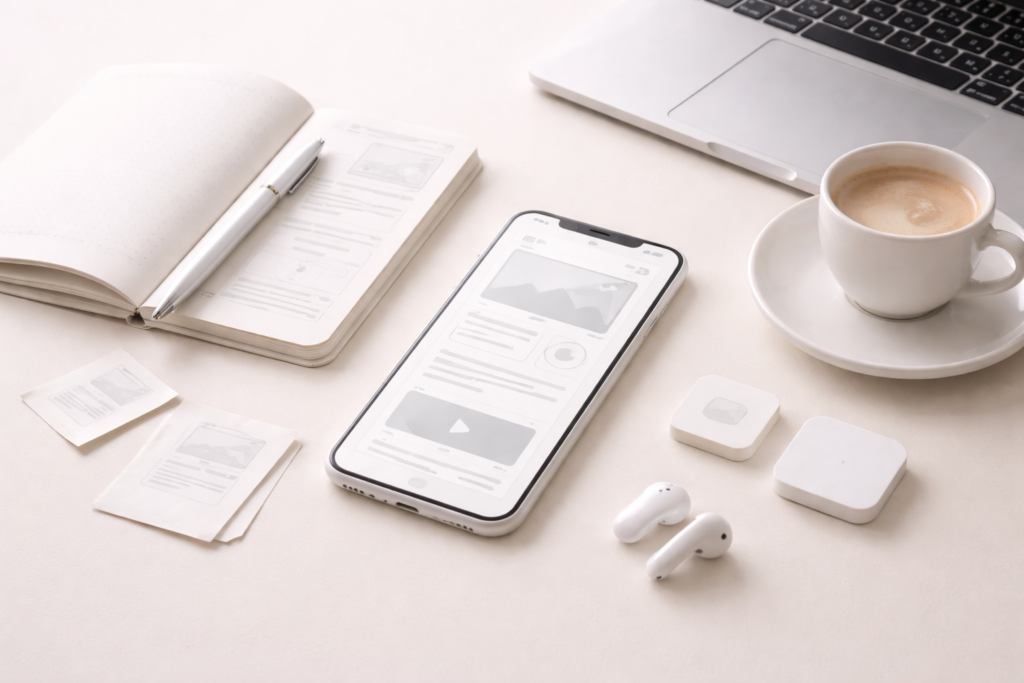 Minimalist workspace designed for mobile app development with smartphone, laptop, and business tools.