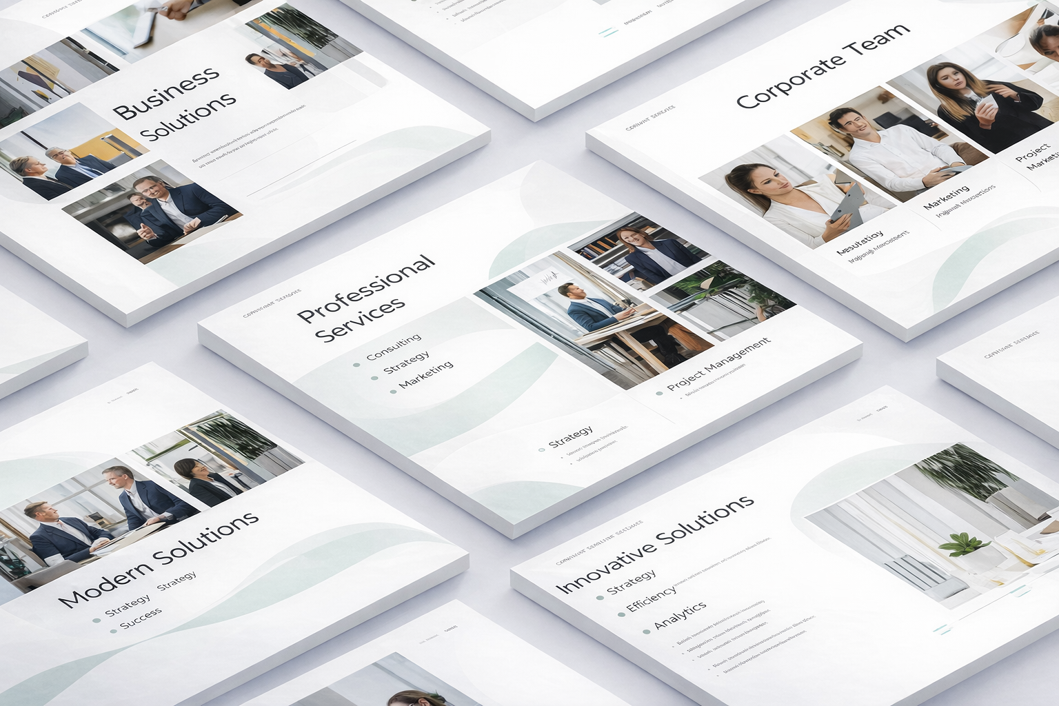Minimalist business website layout templates displayed in a flat lay, representing the limitations of template-based web design compared to custom web development solutions
