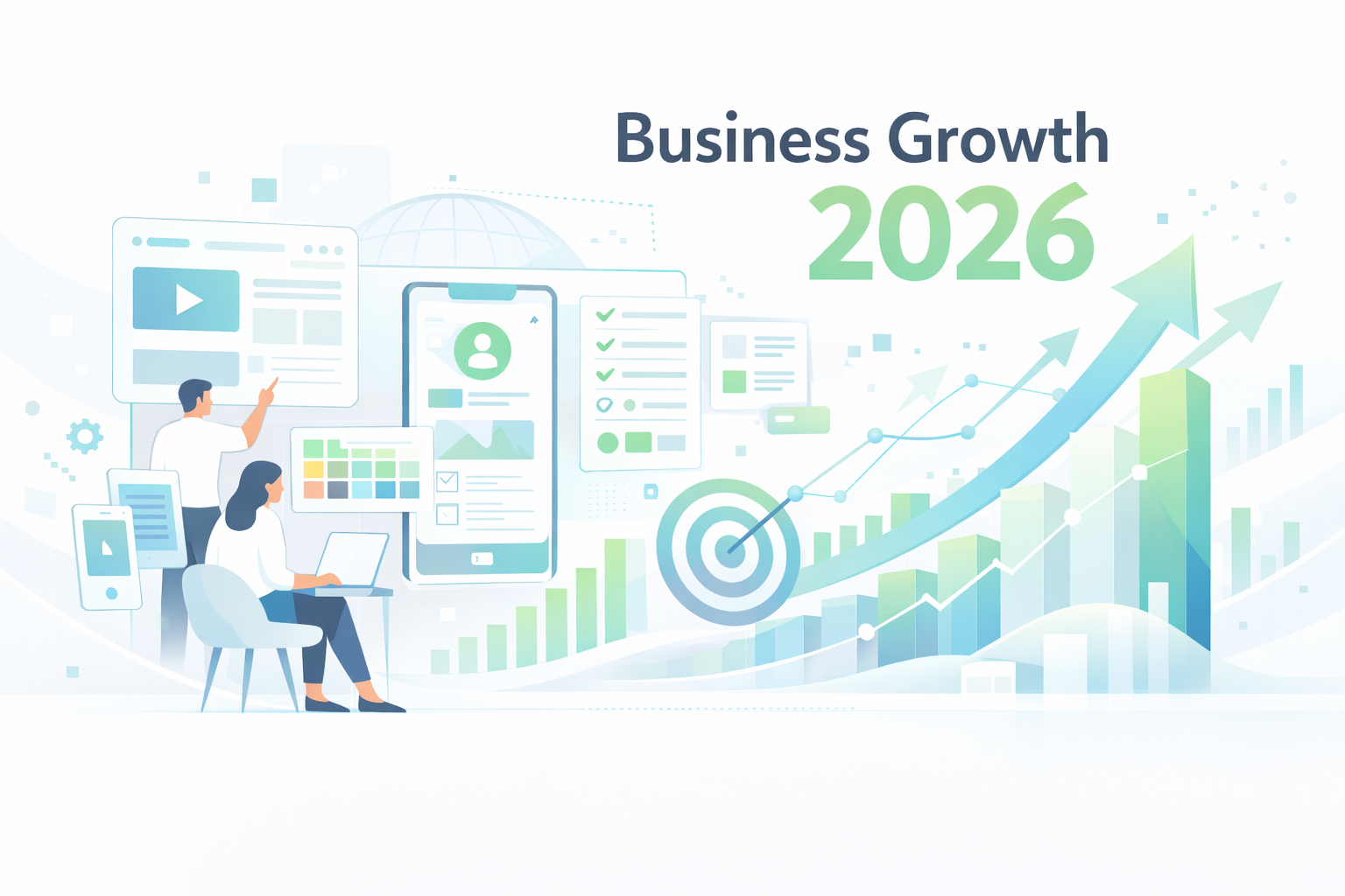 UI/UX design for business growth in 2026 featuring professionals working on user interfaces, smartphone mockups, wireframes, and growth trend graphs
