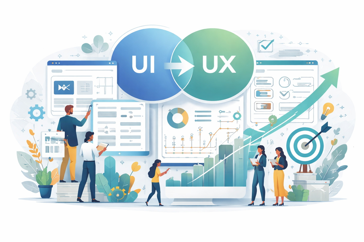 UI and UX design synergy for business growth, showing professionals analyzing wireframes and data charts with an upward growth trend