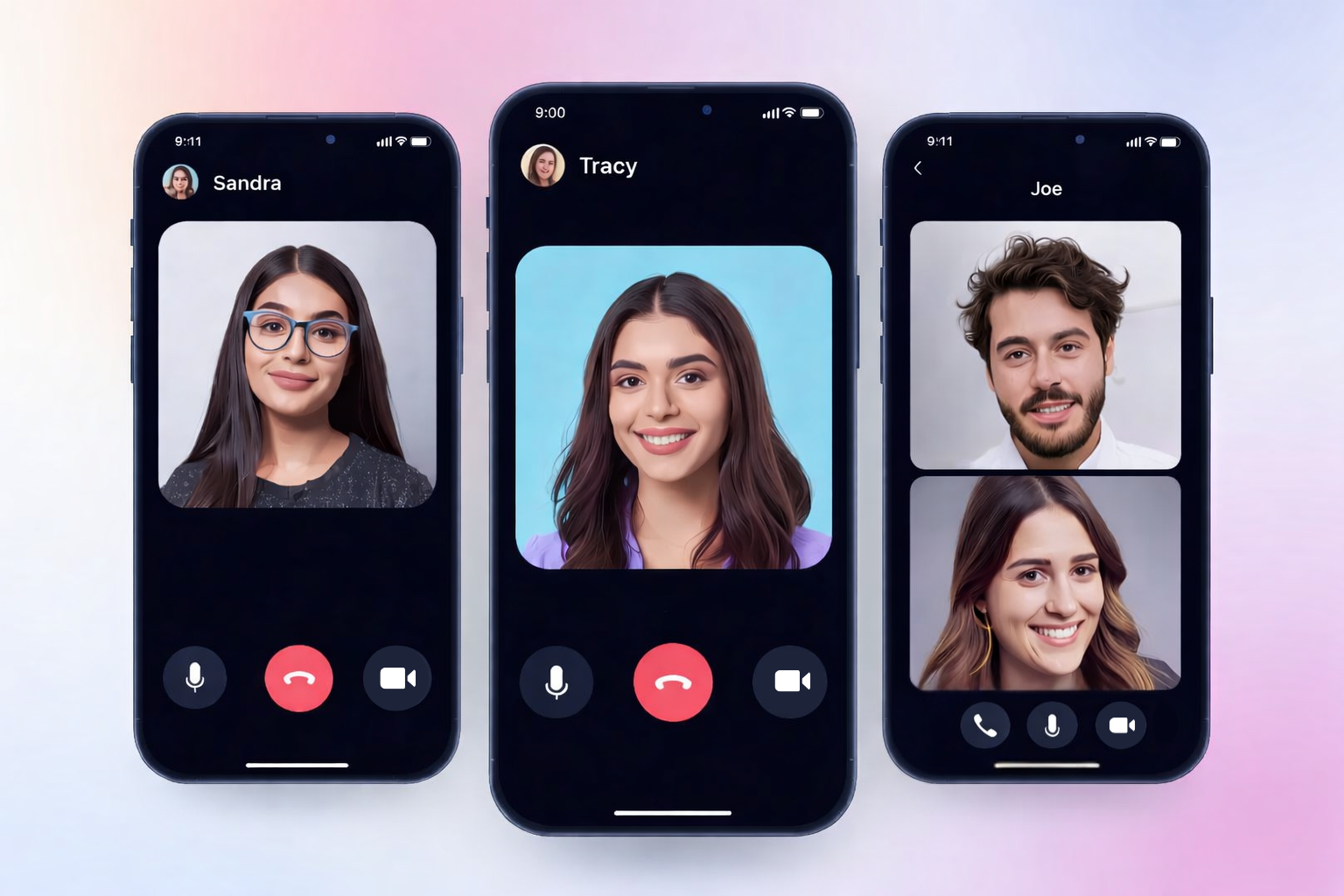 Video calling apps for Dubai on mobile phones showing Sandra, Tracy, and Joe in a group call interface, highlighting legal and approved options for UAE