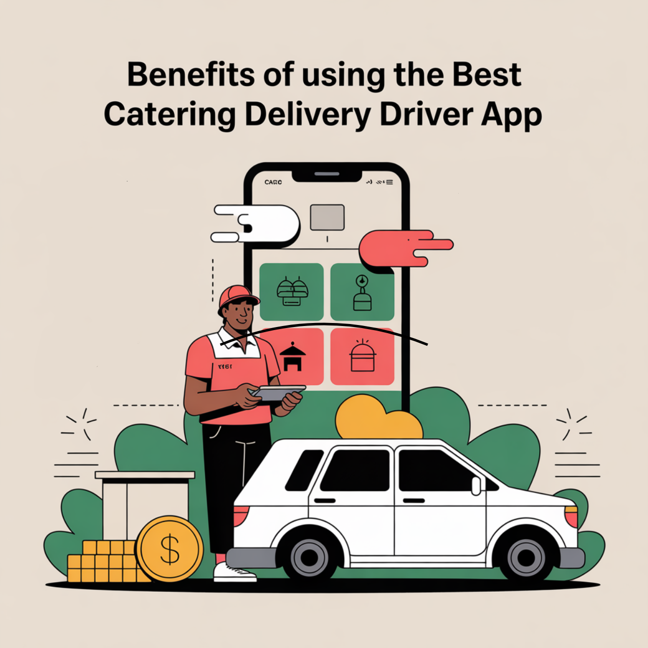 Driver using the best catering delivery app with optimized routing for large orders. Modern app interface with a car and money representing earnings and operational efficiency