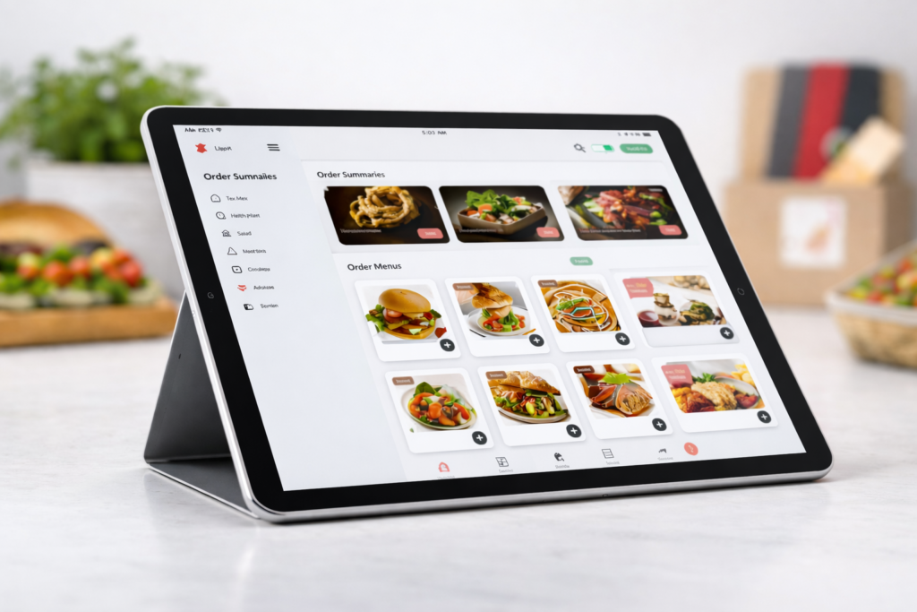Catering delivery driver app interface displaying multi-item orders, route optimizations, and order assignments for event-based catering logistics