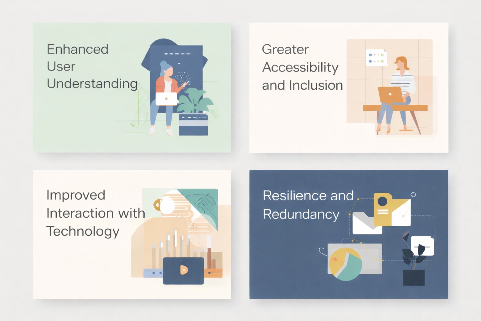 Infographic showcasing four key aspects of multimodal communication: Enhanced User Understanding, Greater Accessibility and Inclusion, Improved Interaction with Technology, and Resilience and Redundancy, with corresponding illustrations