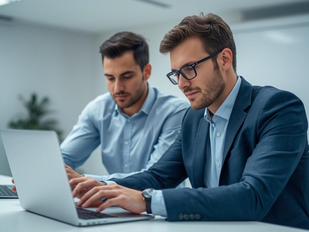 Two business professionals, one in a suit and the other in a shirt, working together on laptops in a modern office setting, showcasing teamwork and focus