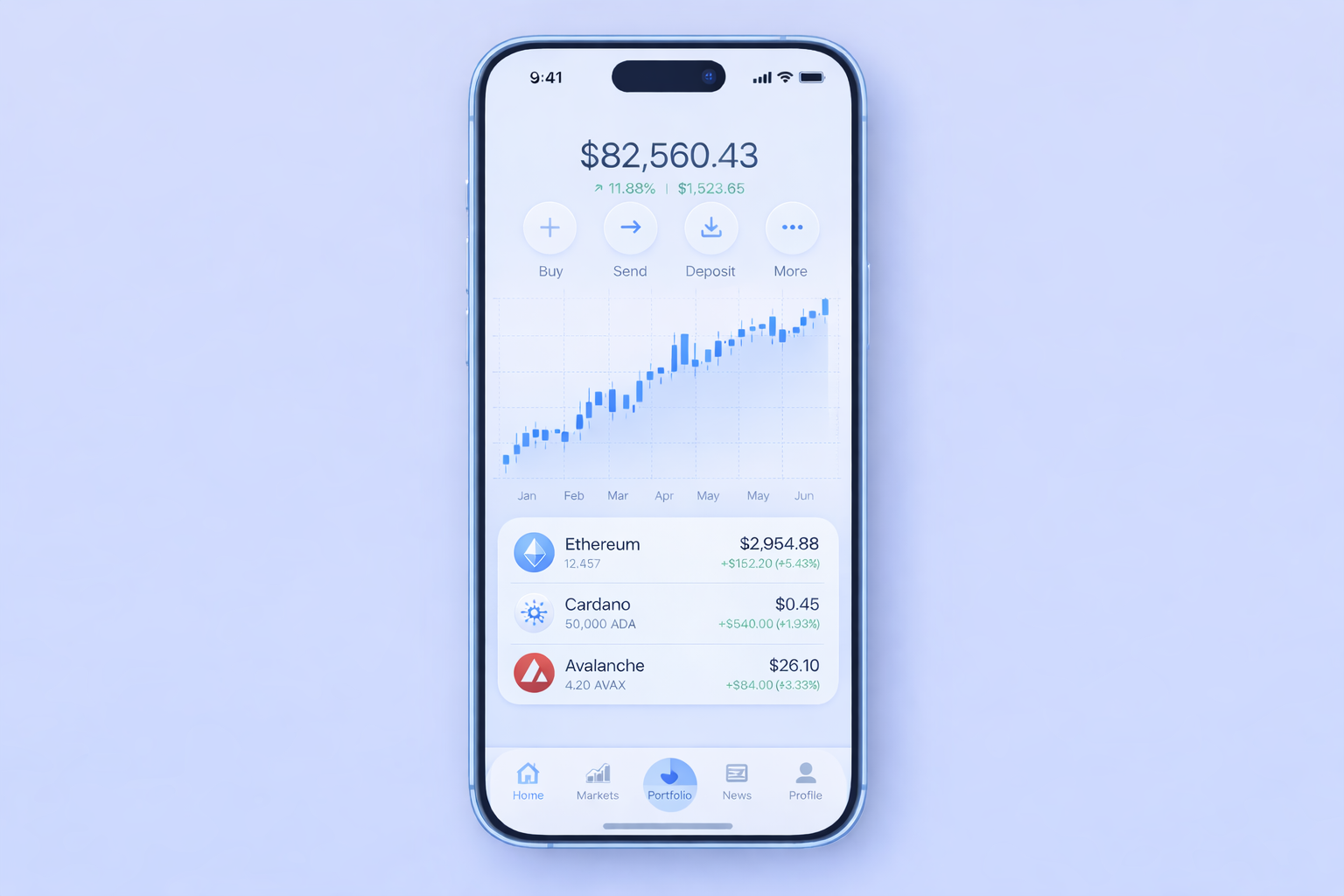 A modern Web3 iOS app interface displaying portfolio stats, blockchain data visualizations, and cryptocurrency values, all integrated into a sleek mobile dashboard on a smartphone.